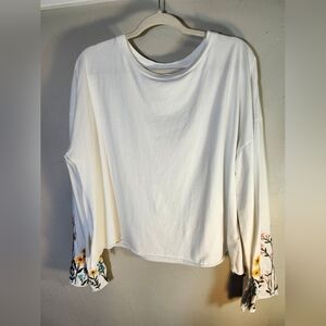 Driftwood Floral Embroidered 100% Cotton White Long Sleeve Top Sz L